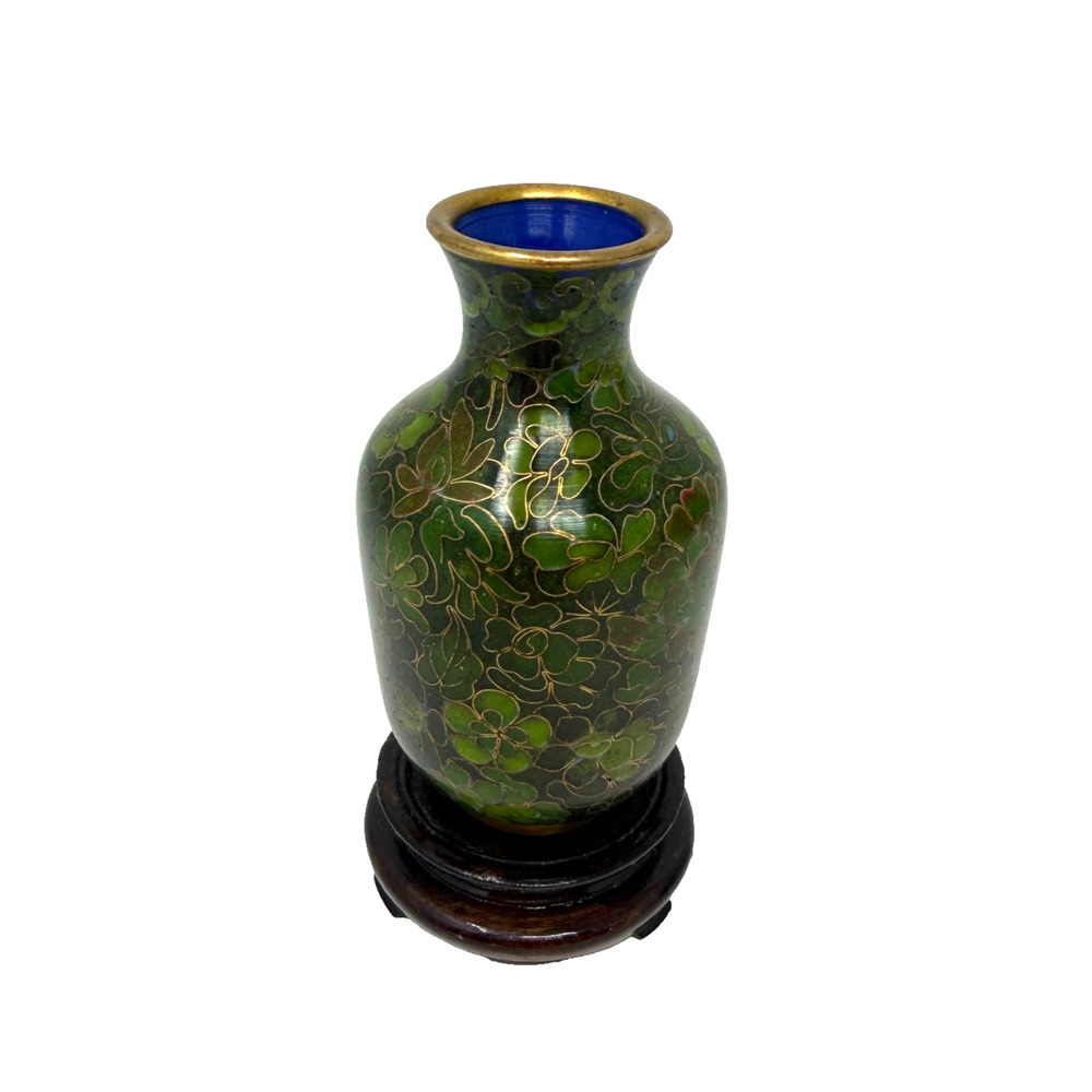 Vintage Chinese Cloisonné Enamel Mini Vase Floral Green w Wood Stand 3.75”